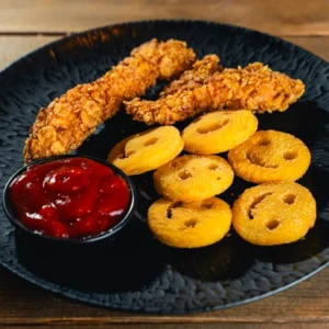 Ropogós csirke és mosolygós körettel, ketchuppal, gyerekeknek